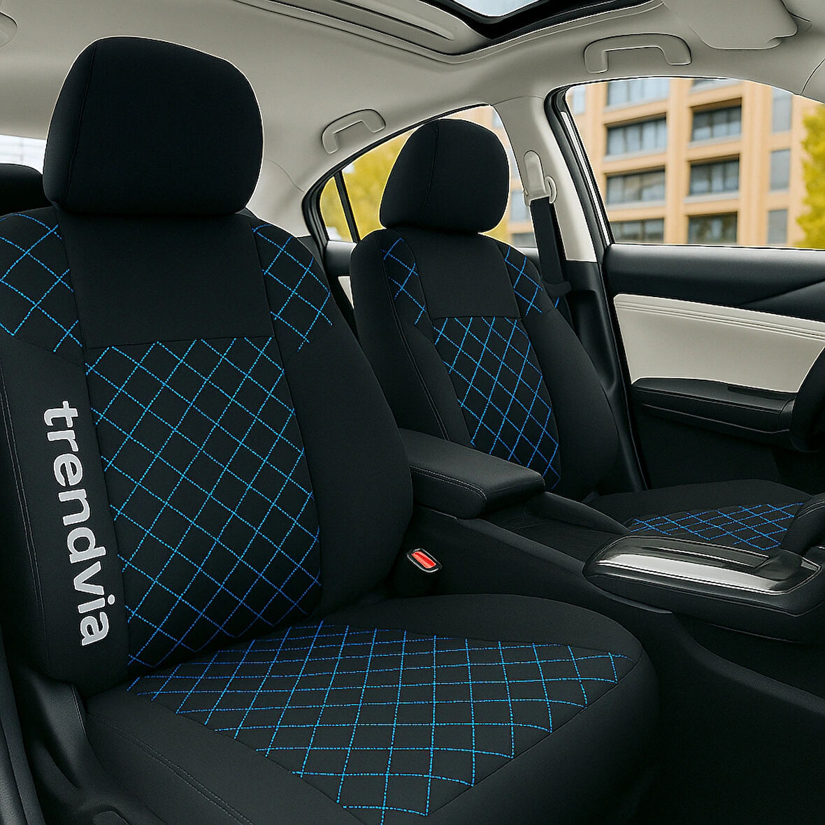Mavi Nakışlı Kapitone Penye Oto Koltuk Kılıfı Takımı | Siyah Zeminli Ön ve Arka Koltuk Seti