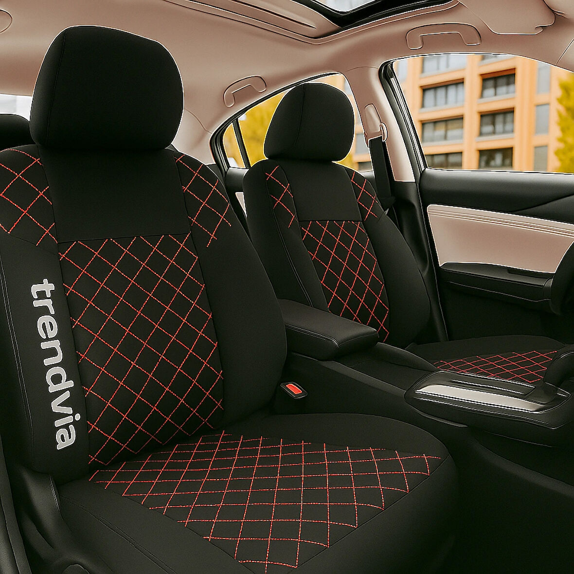 Siyah Kırmızı Nakışlı Kapitone Penye Oto Kılıf Takımı | Ön ve Arka Koltuk Başlık Seti