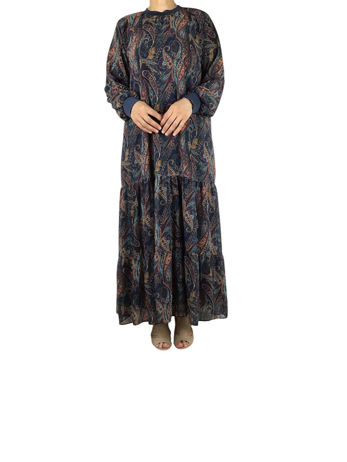 KADIN ŞAL DESENLİ İÇİ ASTARLI UZUN ŞİFON ELBİSE