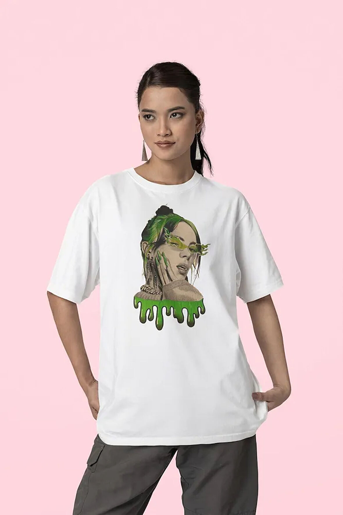 Özel Tasarım Billie Eilish Baskılı Unisex Oversize Şarkıcı Tişört