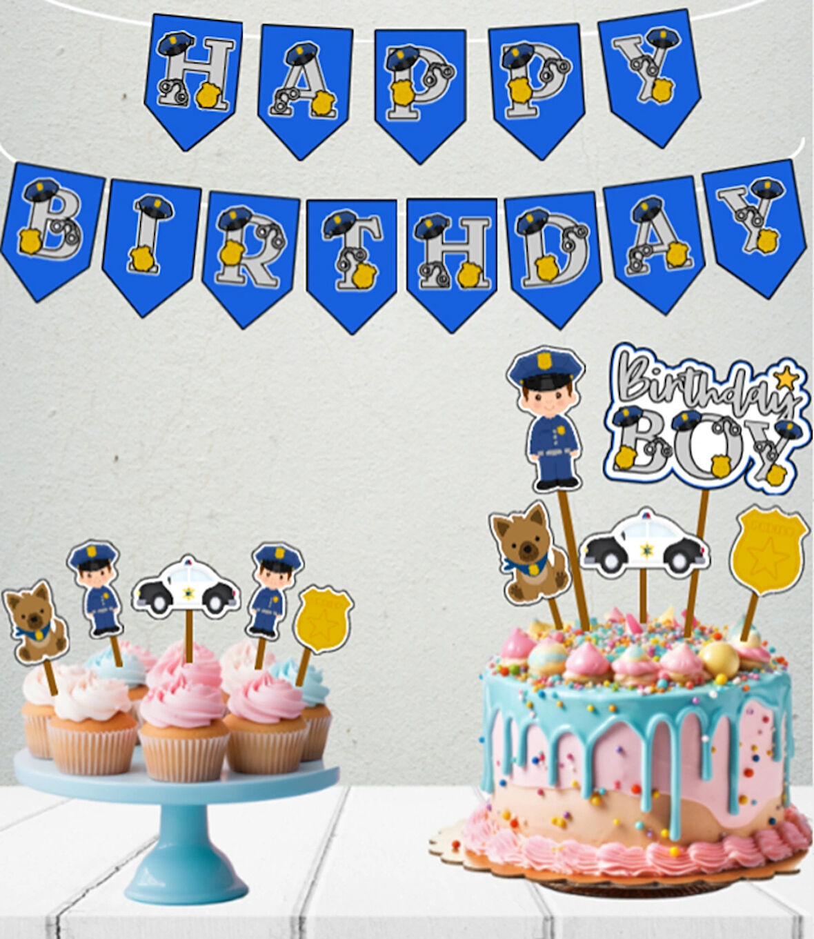 33 Parça Polis ve Polis Arabası Konsept Dev Set Doğum Günü Süsü Banner Pasta Kürdanı Cupcake Kürdanı