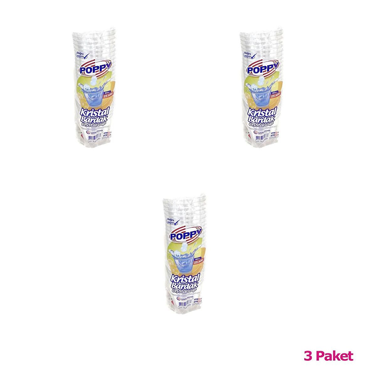 Poppy Şeffaf Plastik Kristal Bardak - 180 Cc. - 180 Ml. - 25 Adetlik 3 Paket