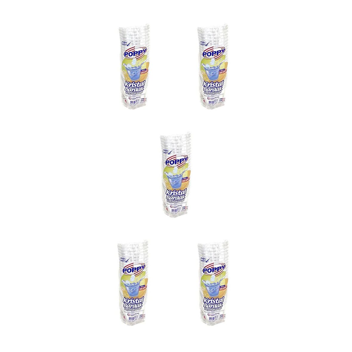 Poppy Şeffaf Plastik Kristal Bardak - 180 Cc. - 180 Ml. - 25 Adetlik 5 Paket