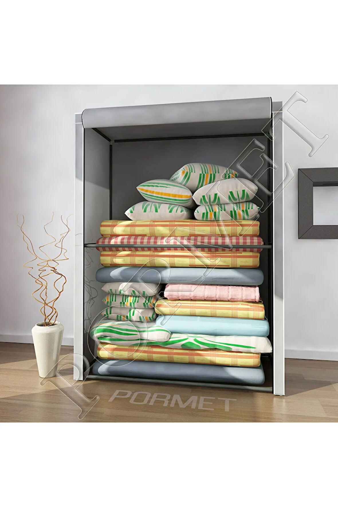 Güçlendirilmiş Çelik Profilli Yorgan Hurcu, Yüklük Saklama Dolabı, Bez Dolap -Gri