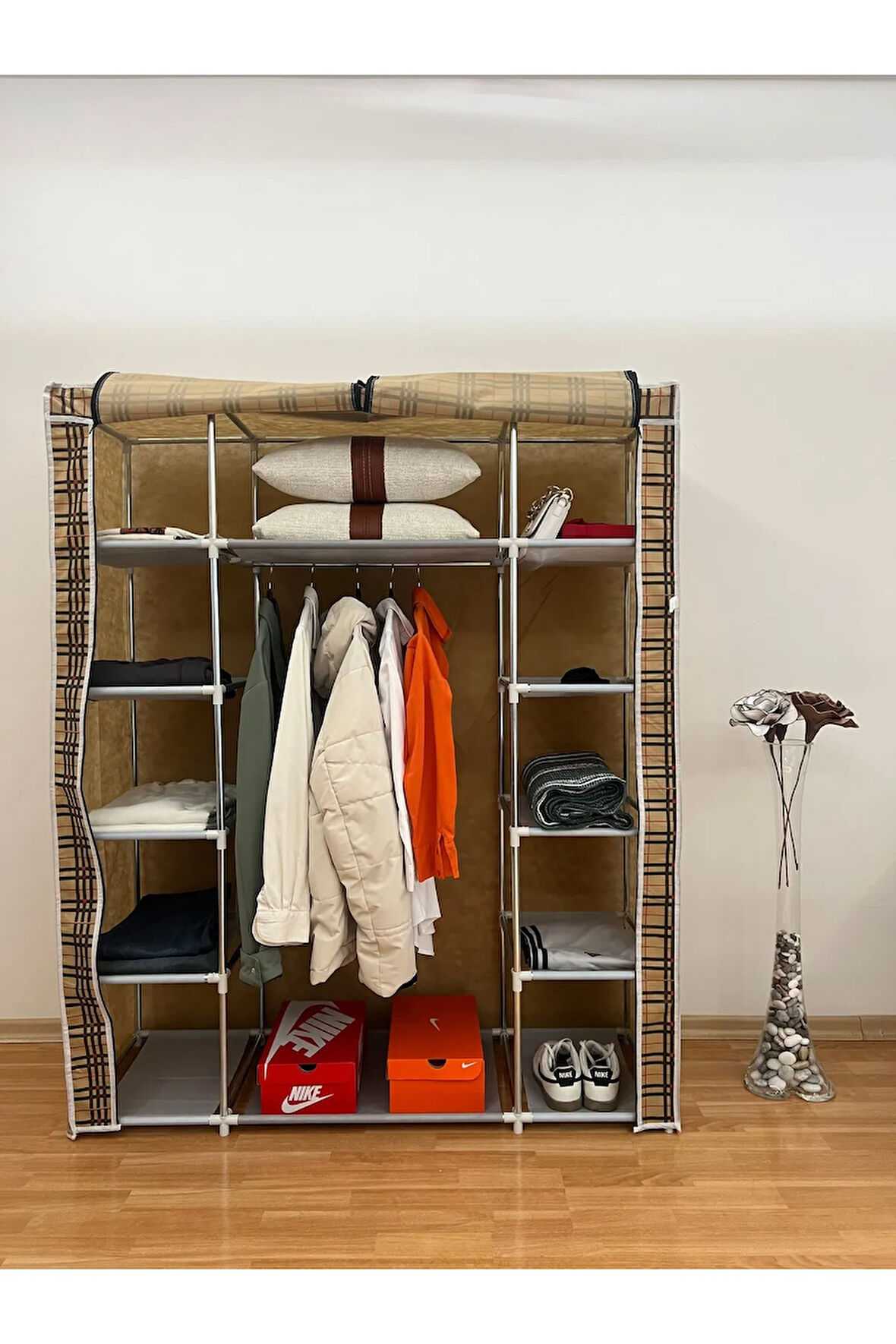 Çift Yandan Raflı Bez Dolap Ekose Desenli | 12 Raflı, Çelik İskeletli