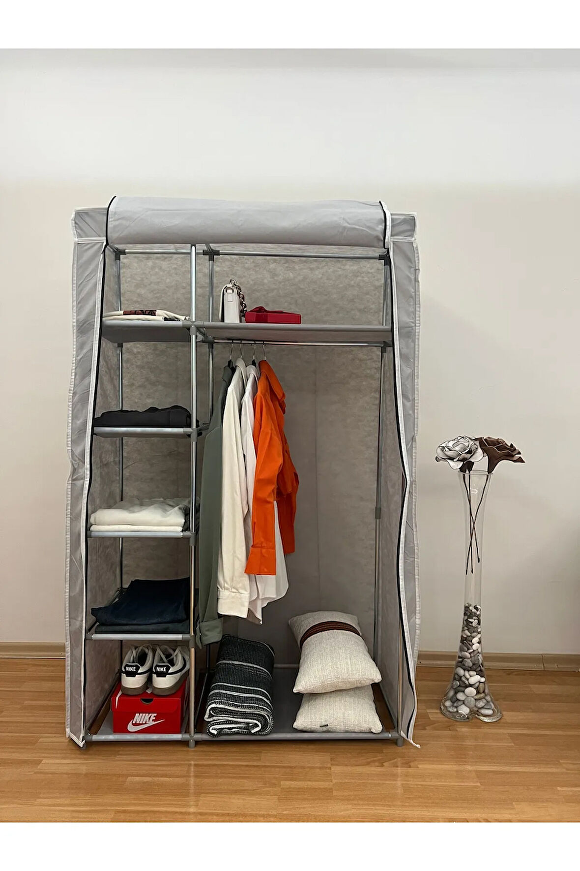 Tek Yandan Raflı Bez Dolap Gri | 7 Raflı, Çelik İskeletli