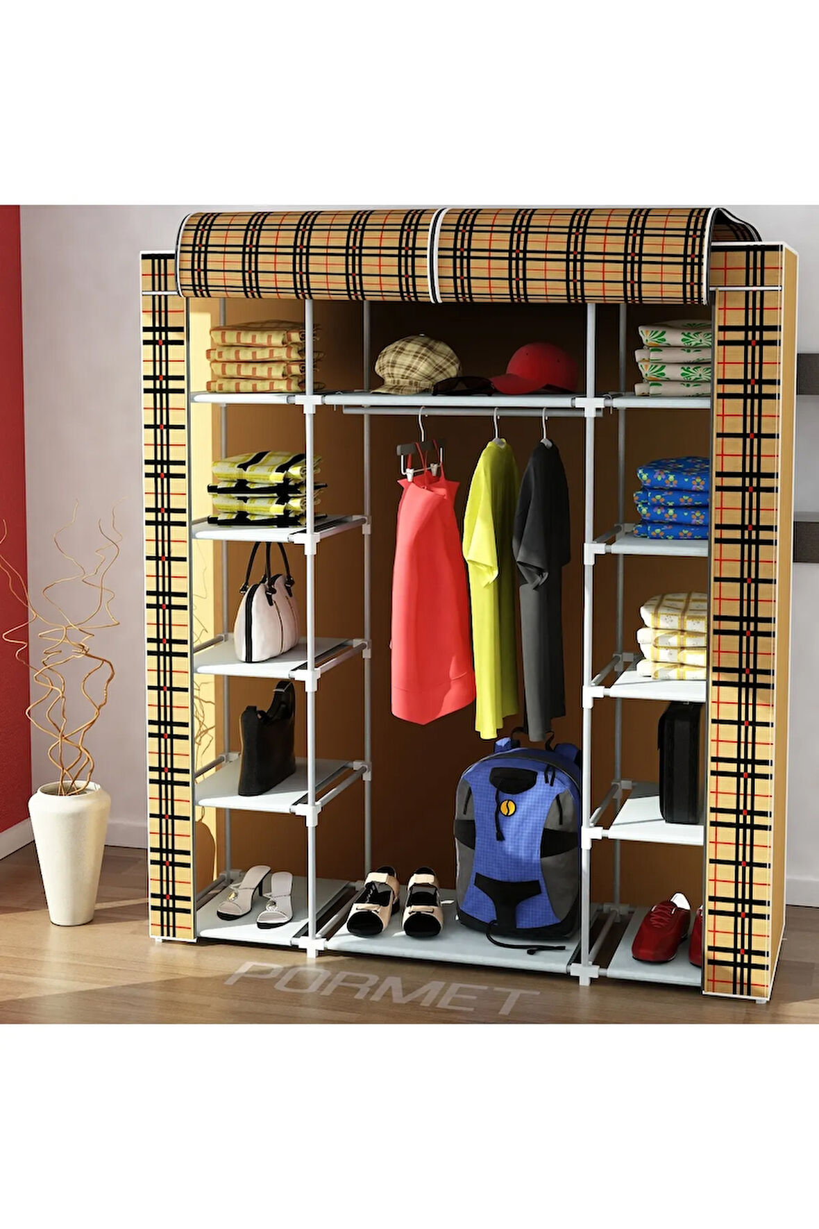 Güçlendirilmiş Plastik Profilli Çift Taraflı Raf, 12 Raf, 60cm Askı, Portatif&bez Dolap-ekose