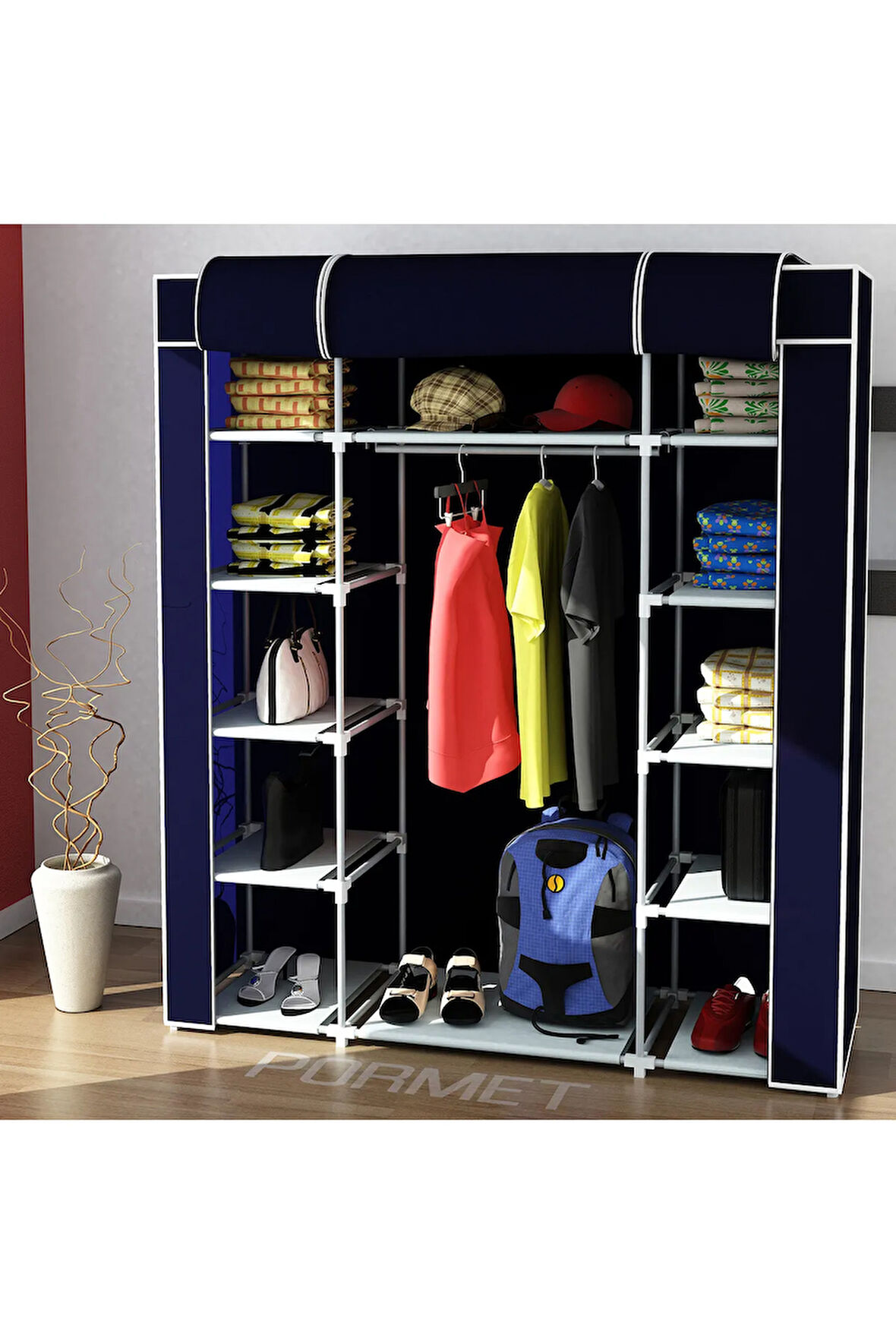 Güçlendirilmiş Plastik Profilli Çift Taraflı Raf, 12 Raf, 60cm Askı, Portatif&Bez Dolap-Lacivert