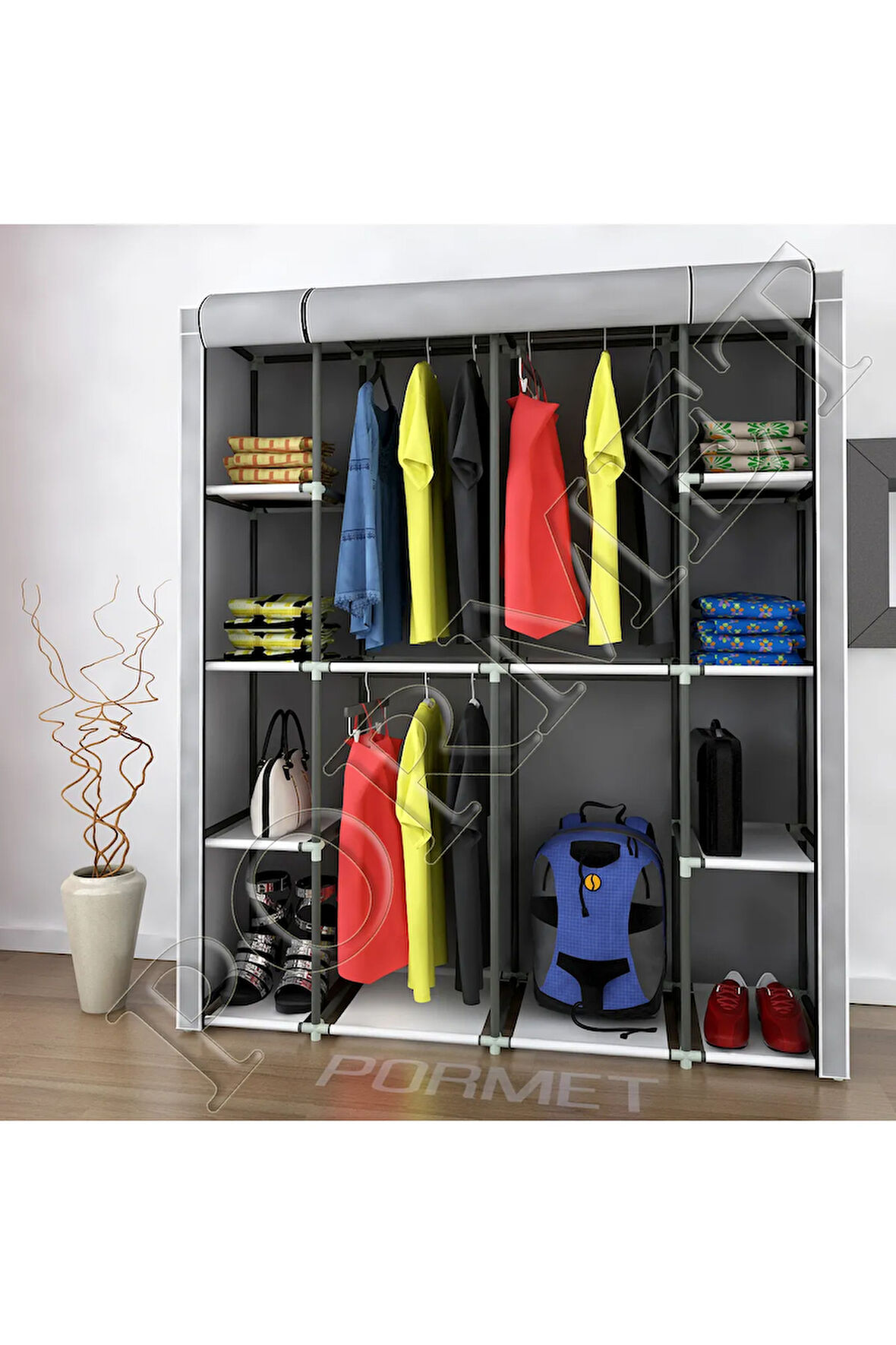 Geniş Hacimli Ultra Geniş 4 Askılı+12 Raflı Güçlendirilmiş Plastik Profilli Bez Dolap - Siyah