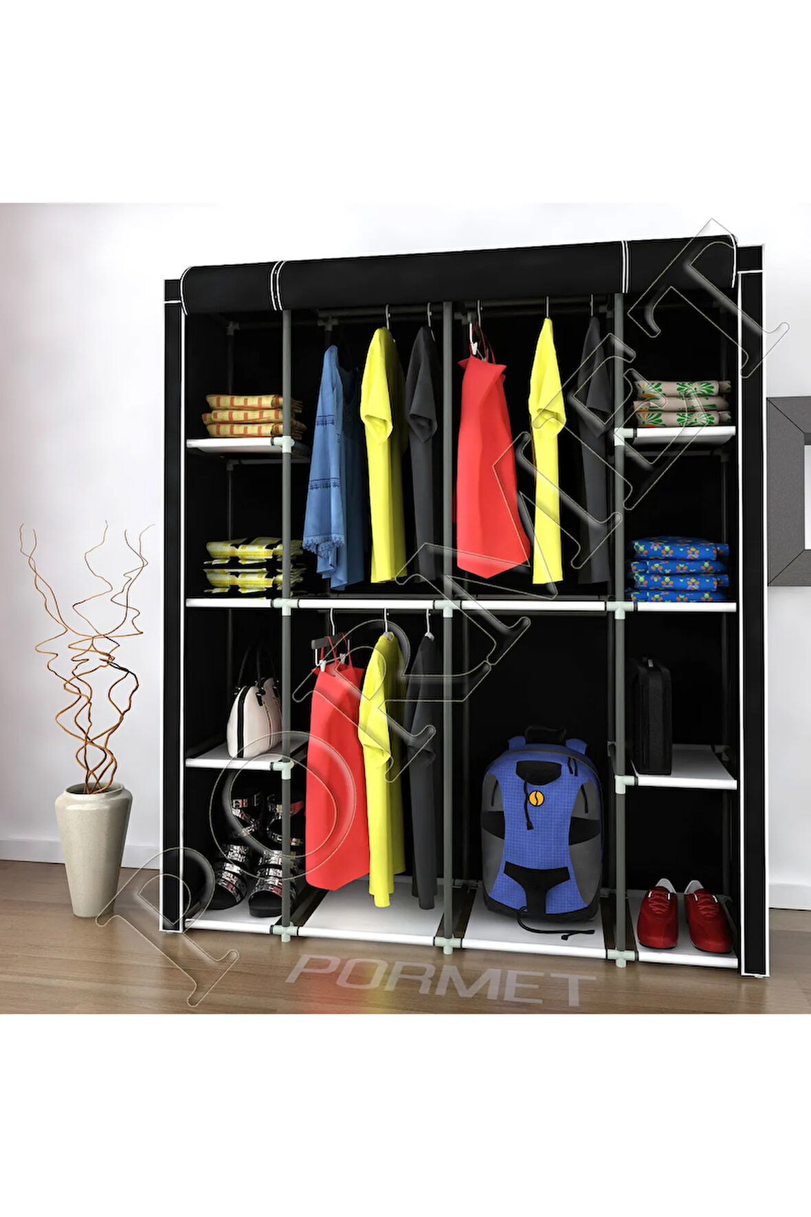 Geniş Hacimli Ultra Geniş 4 Askılı+12 Raflı Güçlendirilmiş Plastik Profilli Bez Dolap - Siyah