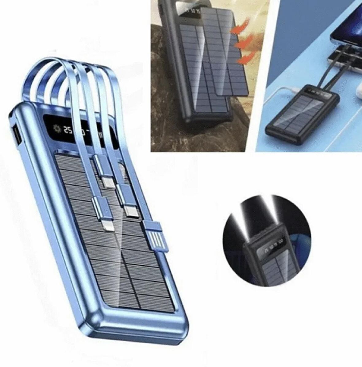Solar 10.000 Mah Güneş Enerjili Led Işıklı Powerbank Şarj Aleti  Usb Çıkışlı Mikro Typc Lıghtnıng