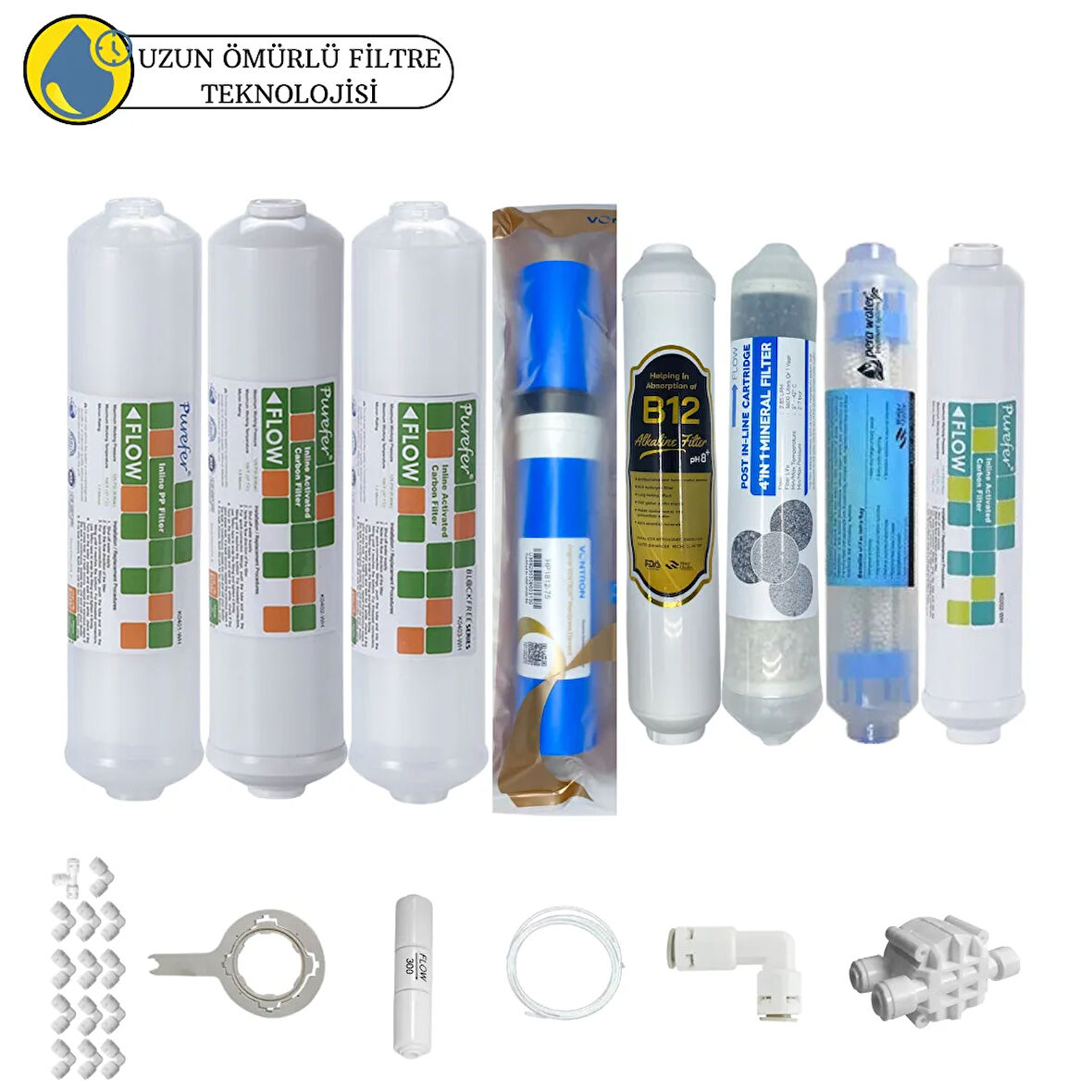 Purefer Kapalı kasa su arıtma Sertifikalı 8li B12+detox Vontron Helixfil mebran 4lü mineral set