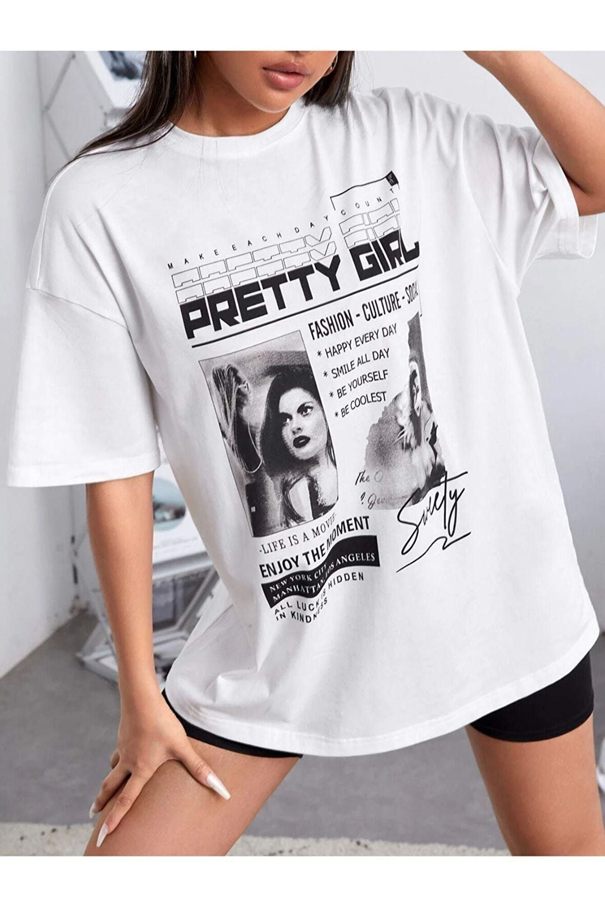 Unisex Beyaz Preetty Girtl Baskılı Oversize T-shirt