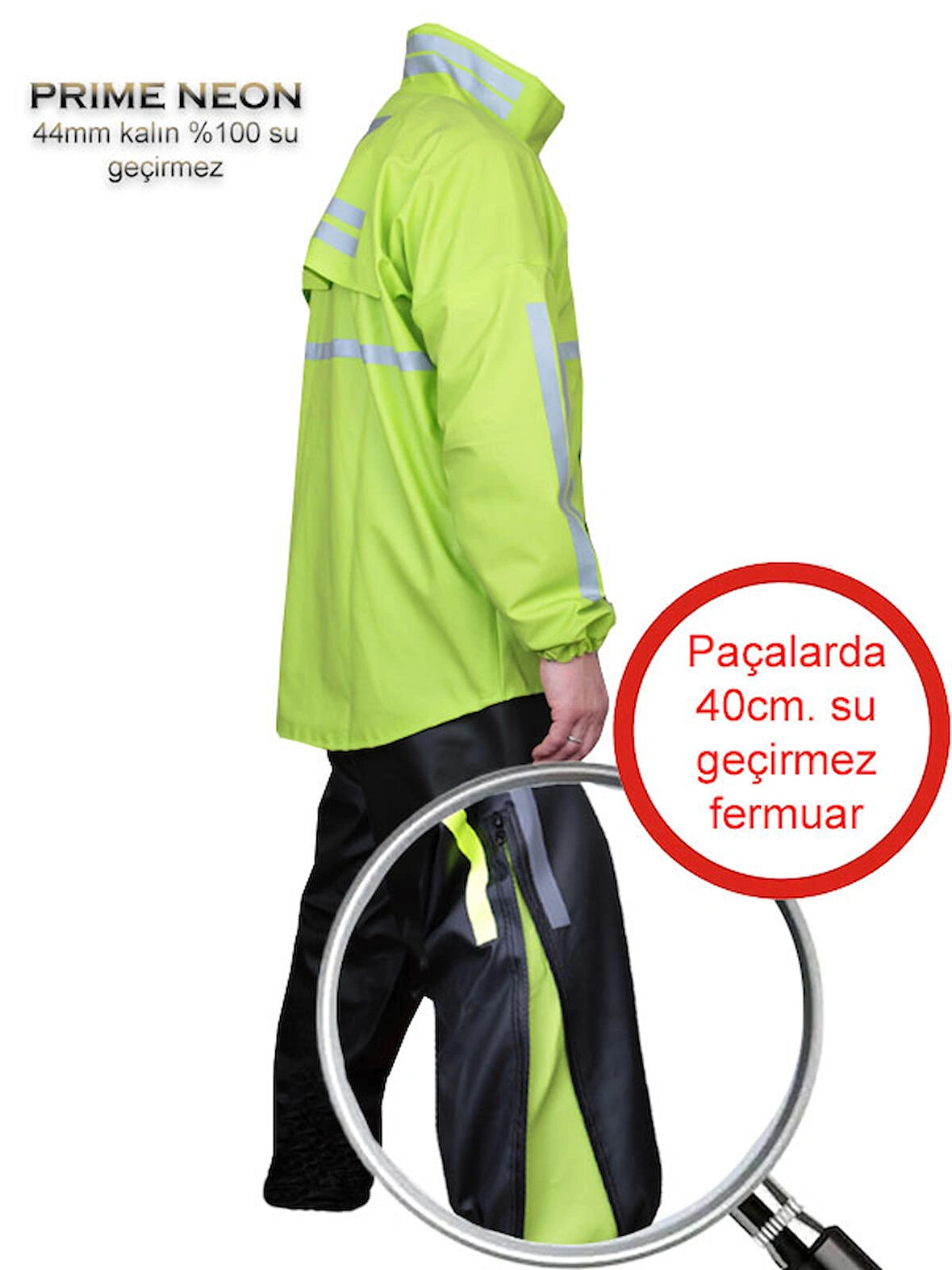Motosiklet Yağmurluk Takım Prime Neon  0.44Mm. Kalın %100 Su Geçirmez Kumaş Fermuarlı Paça Reflektörlü