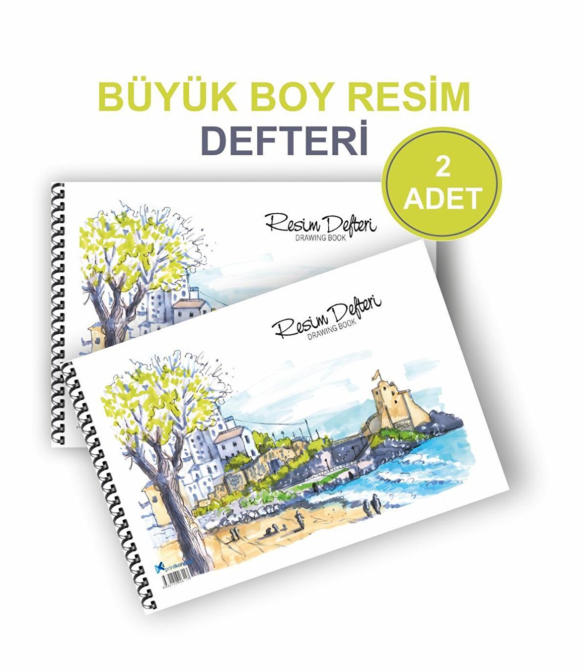 2'li  Resim Defteri Spiralli Karton Kapak 25x35 Cm 15 Yaprak Manzara Resim Defteri Büyük Boy