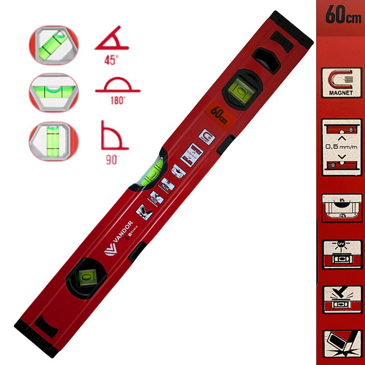 Vandor Pro Alüminyum Mıknatıslı Su Terazisi 60 Cm