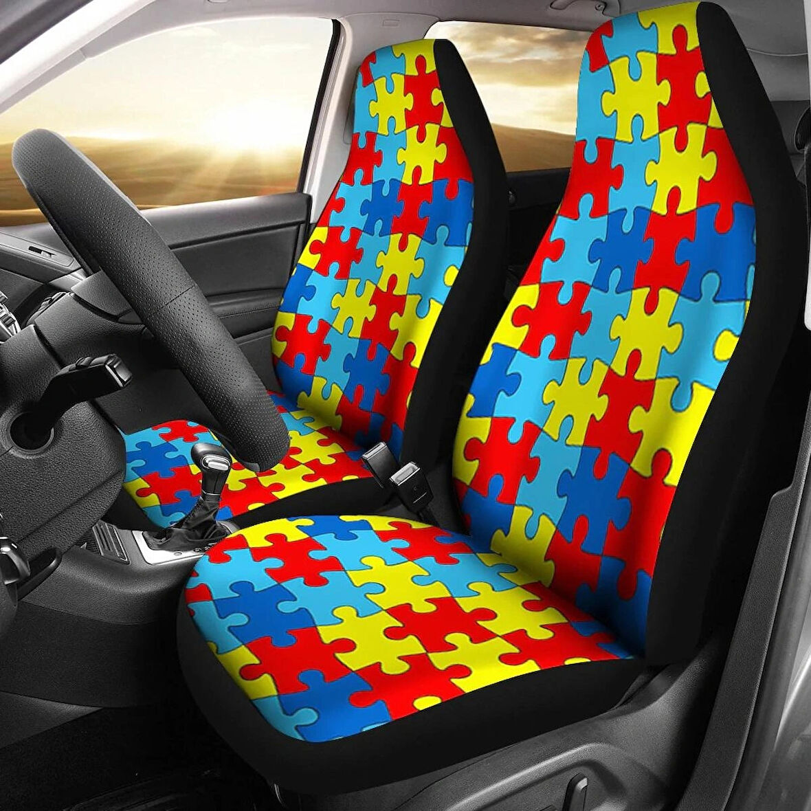 Yapboz Puzzle Desenli Araç Koltuk Kılıfı – Ön ve Arka Renkli Takım