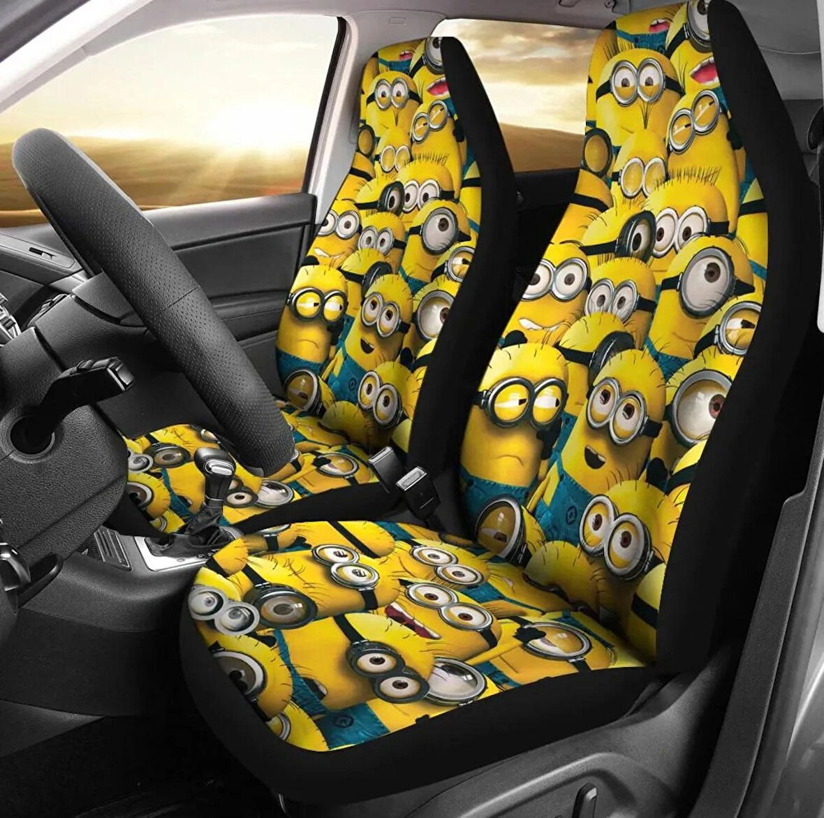 Minions Desenli Ön ve Arka Oto Koltuk Kılıfı – Eğlenceli Araç İç Tasarımı
