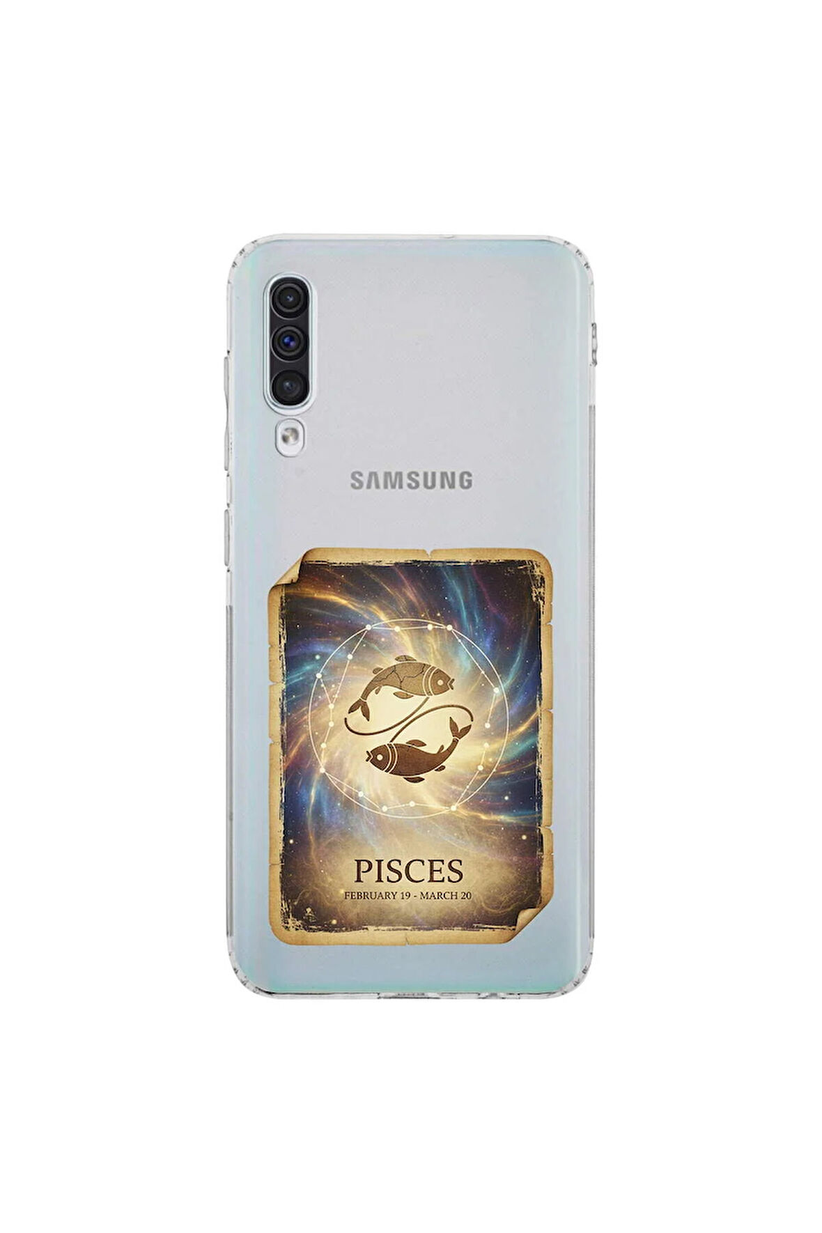 Samsung Galaxy A50 ile Uyumlu Burç Kartları Balık Tasarımlı Şeffaf Silikon Kılıf