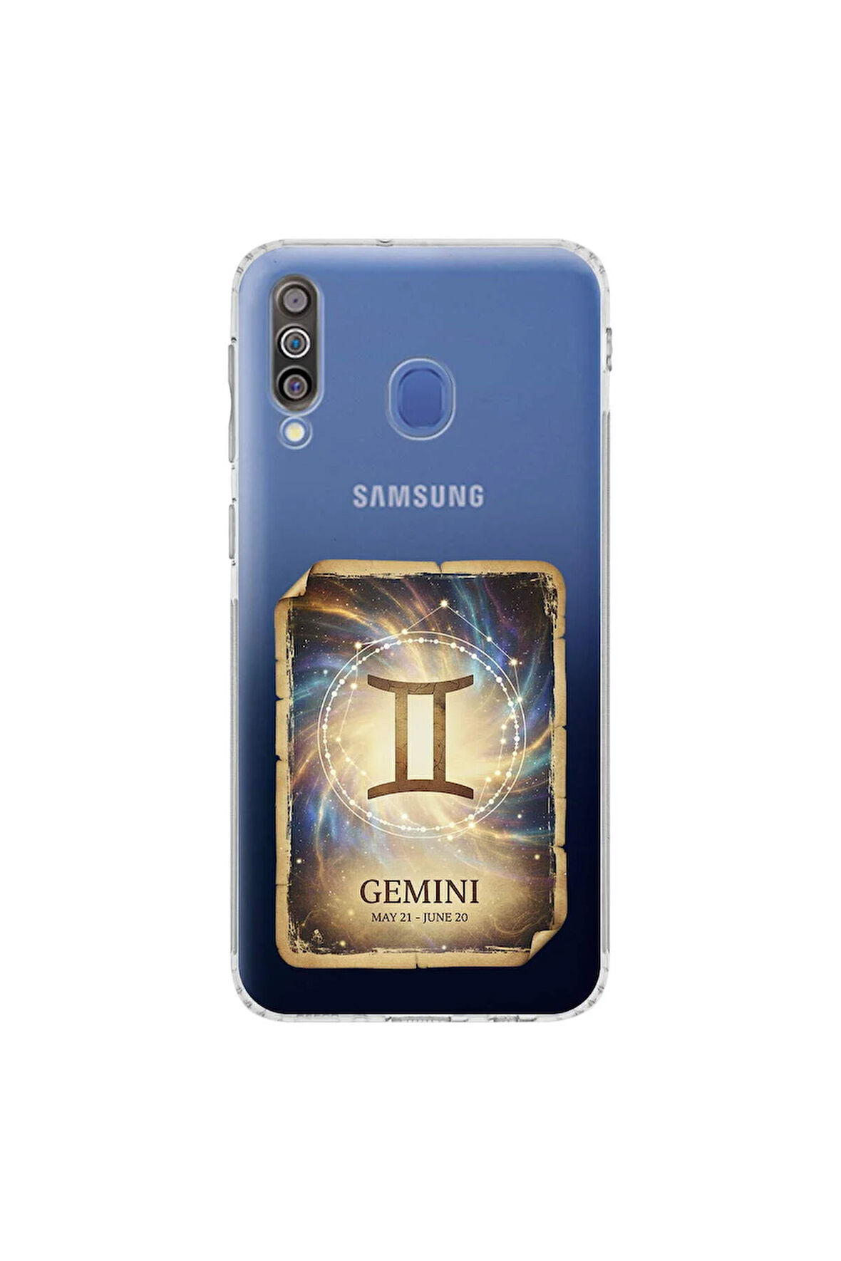 Samsung Galaxy M30 ile Uyumlu Burç Kartları İkizler Tasarımlı Şeffaf Silikon Kılıf