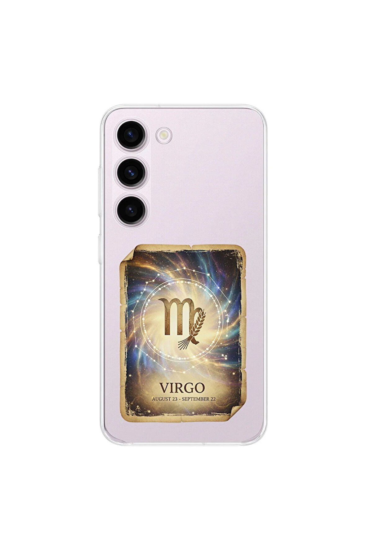 Samsung Galaxy S23 ile Uyumlu Burç Kartları Başak Tasarımlı Şeffaf Silikon Kılıf