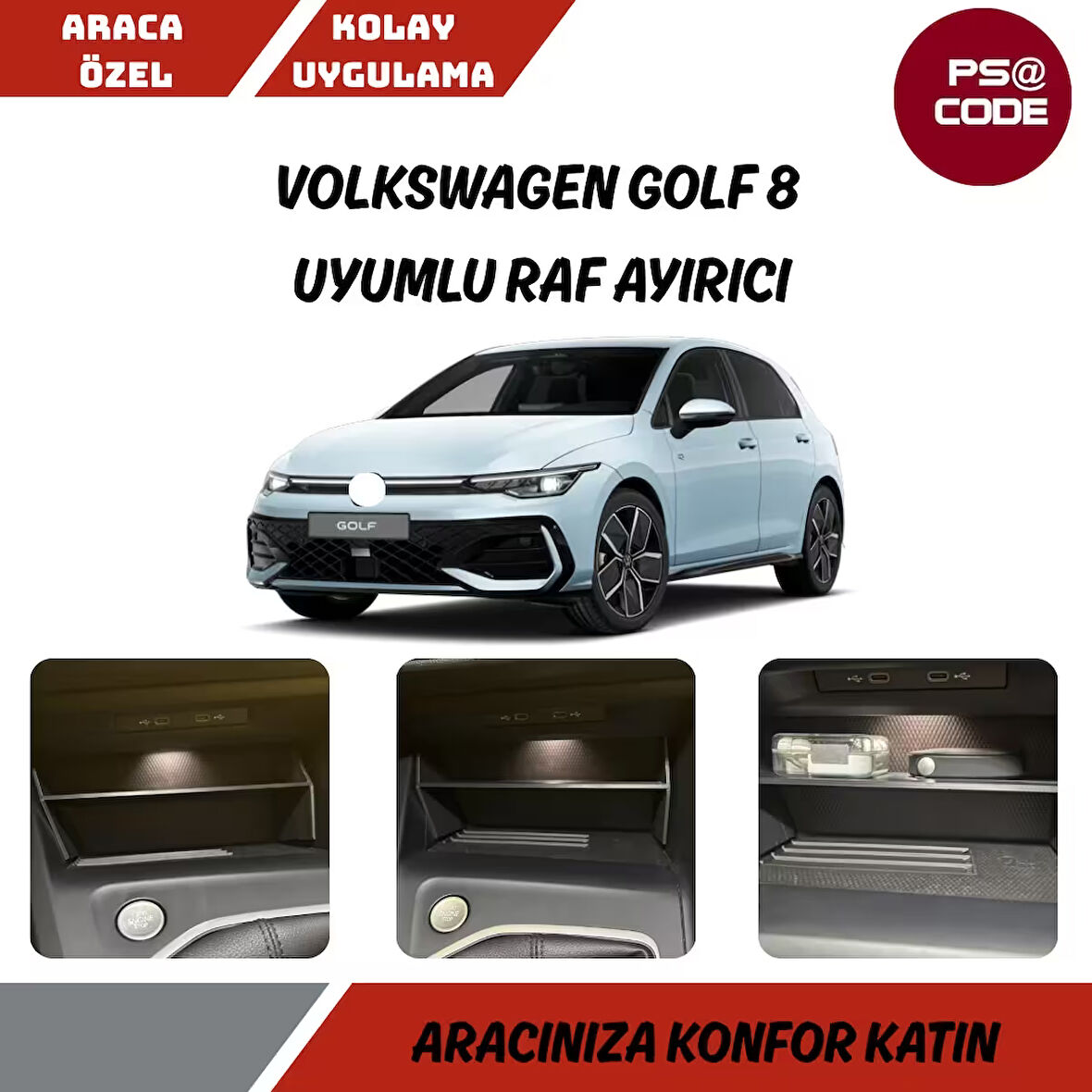Volkswagen Golf 8 uyumlu telefon şarj kısmı raf ayırıcısı