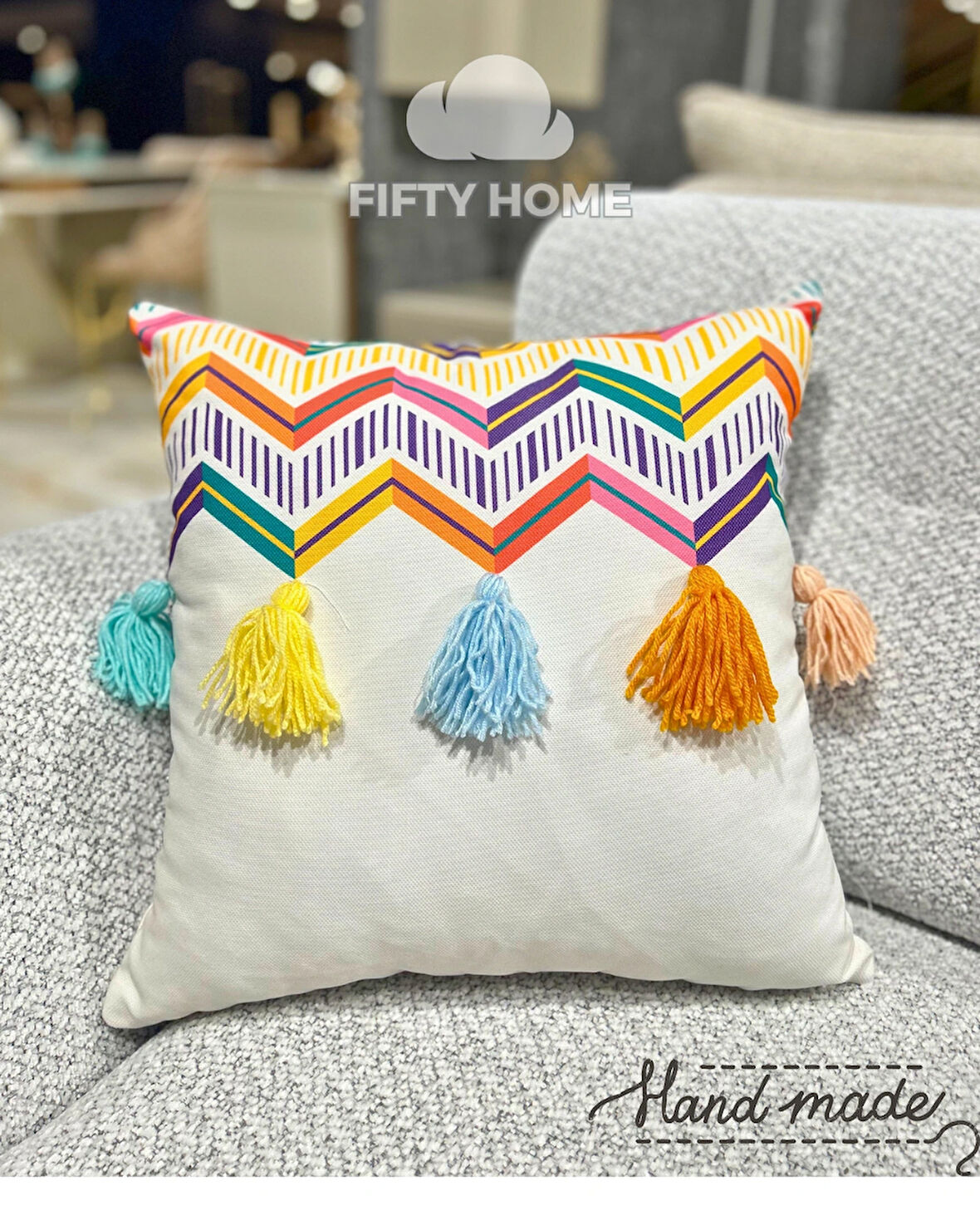 1 adet Örgülü Püskülü kırlent kılıfı 43 x 43 cm renkli - El yapımı Handmade kırlent kılıfı