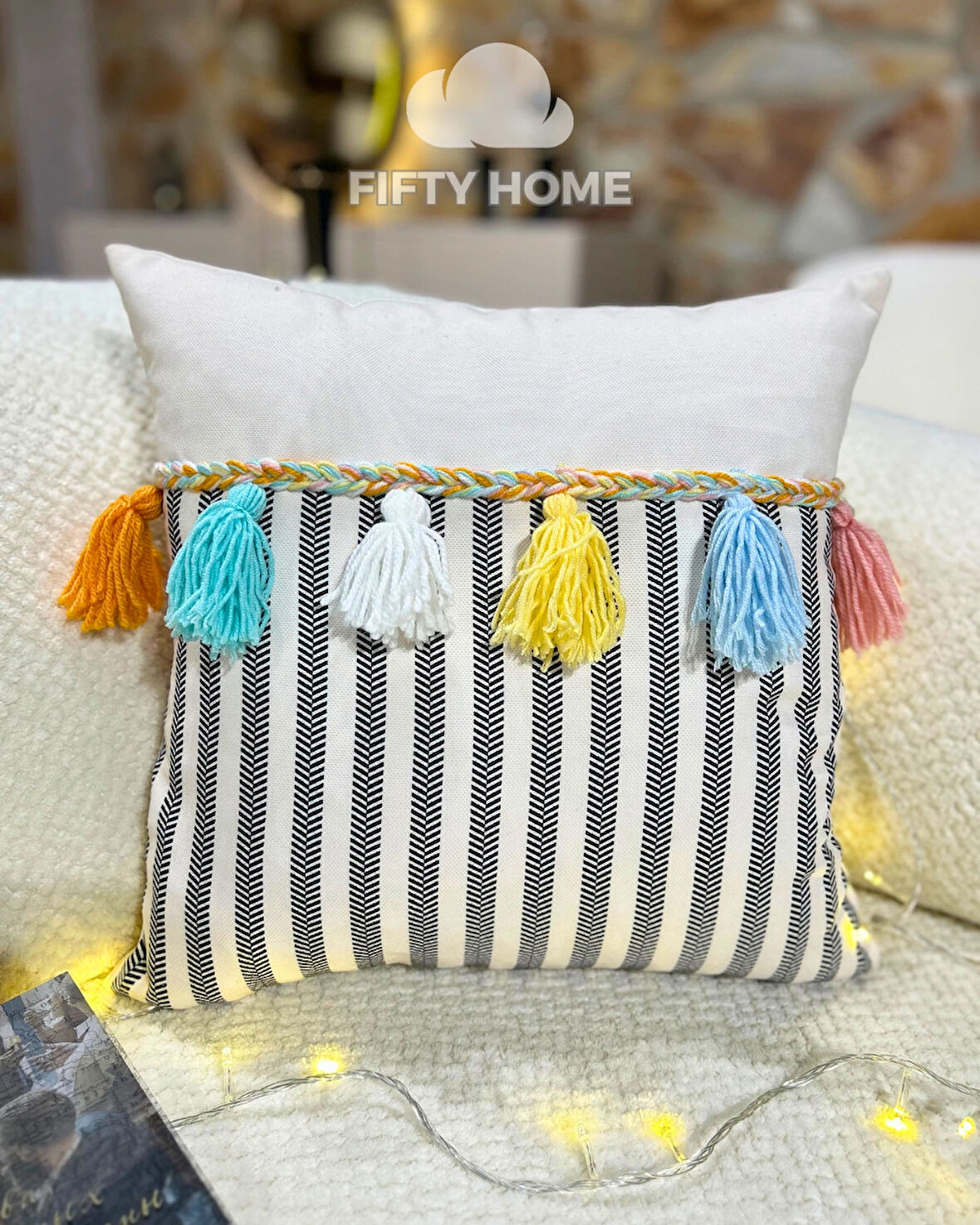 1 adet Örgülü Püskülü kırlent kılıfı 43 x 43 cm renkli - El yapımı Handmade kırlent kılıfı