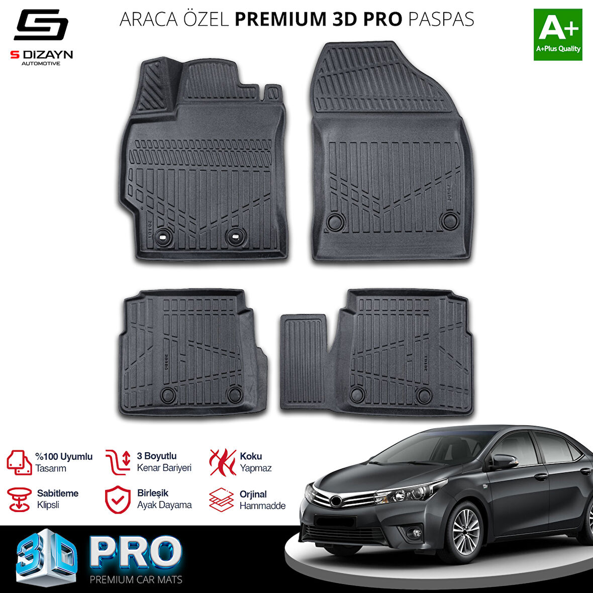 S-Dizayn Toyota Corolla 3D Pro Havuzlu Paspas 2013-2018 A+ Kalite
