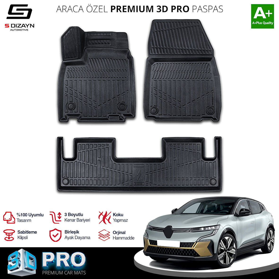 S-Dizayn Renault Megane E-Tech 3D Pro Havuzlu Paspas 2022 Üzeri A+ Kalite