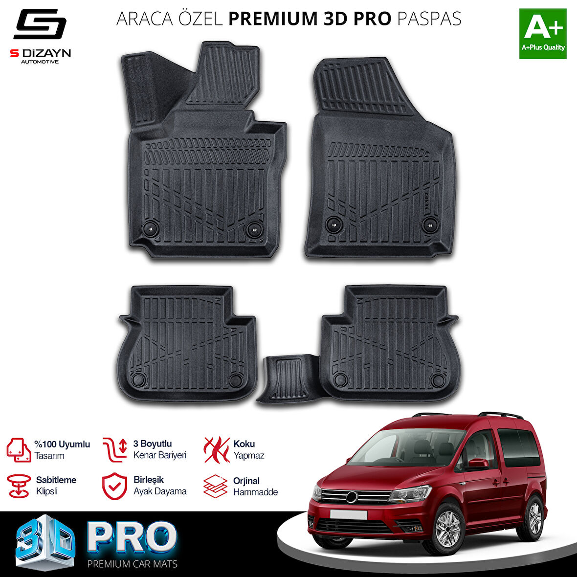 S-Dizayn VW Caddy 3D Pro Havuzlu Paspas 2015-2020 A+ Kalite
