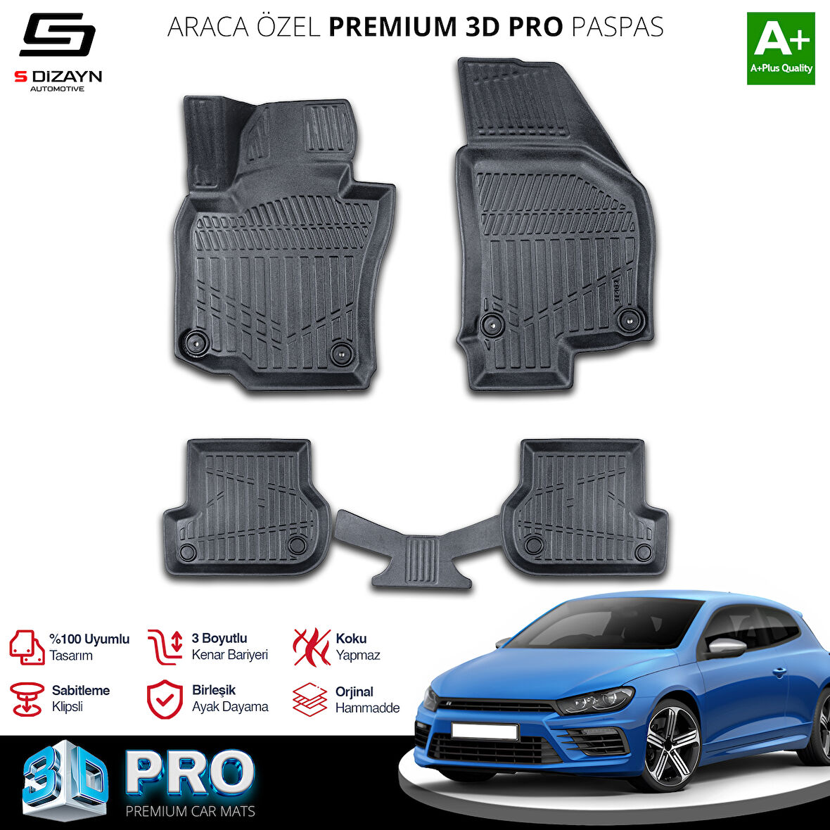 S-Dizayn VW Scirocco 3D Pro Havuzlu Paspas 2008 Üzeri A+ Kalite