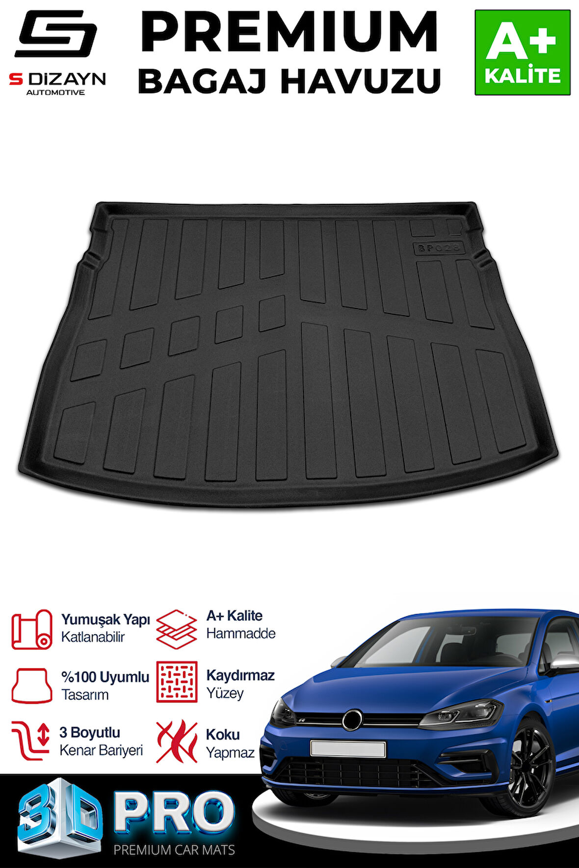 S-Dizayn VW Golf 7 3D Pro Bagaj Havuzu Üst Bagaj 2012-2020 A+ Kalite