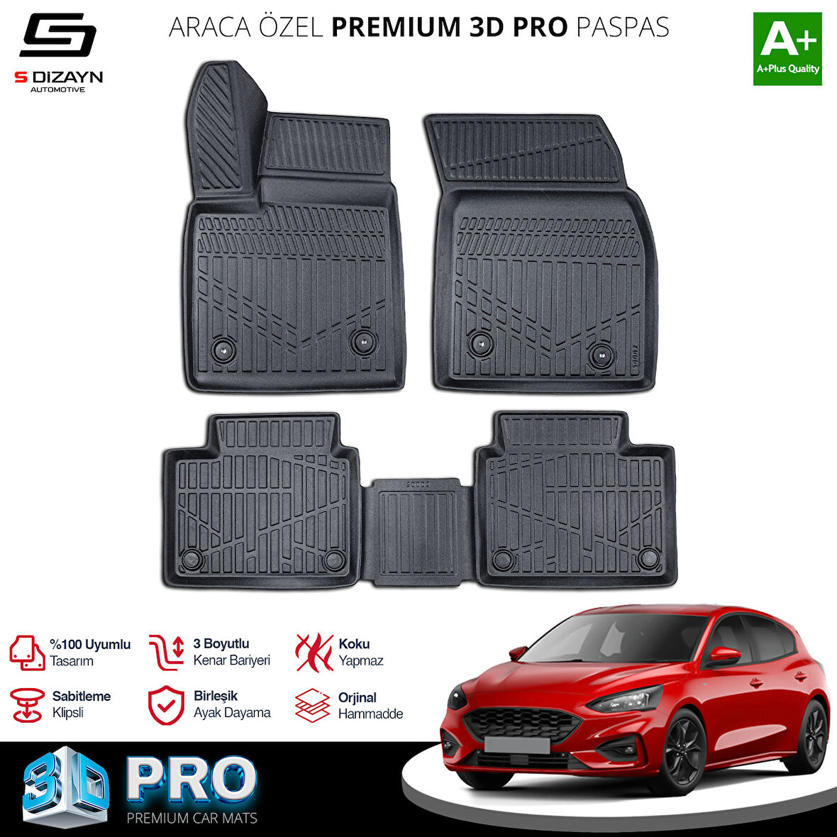 S-Dizayn Ford Focus 4 3D Pro Havuzlu Paspas 2019 Üzeri A+ Kalite