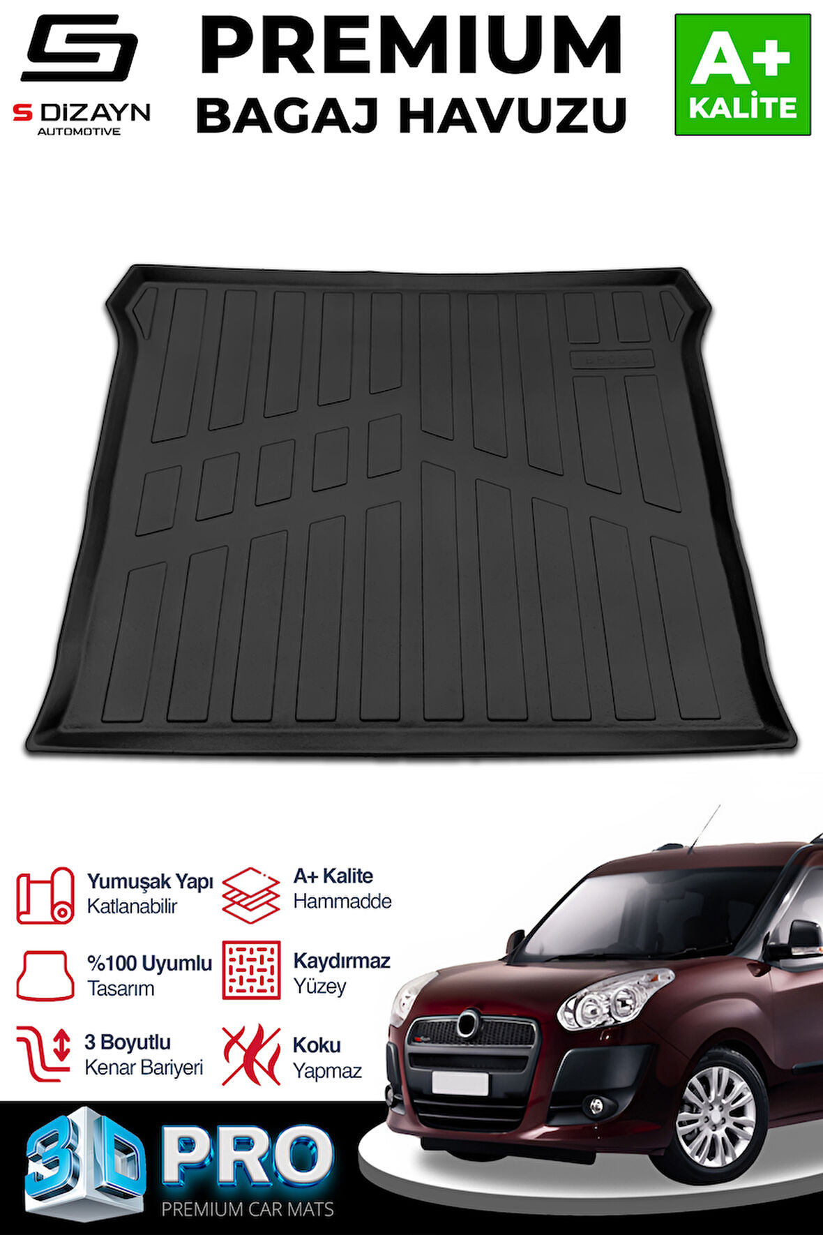 S-Dizayn Fiat Doblo Geniş Aile 3D Pro Bagaj Havuzu 2010-2022 A+ Kalite