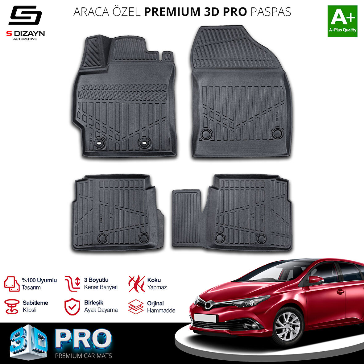 S-Dizayn Toyota Auris 3D Pro Havuzlu Paspas 2013-2020 A+ Kalite