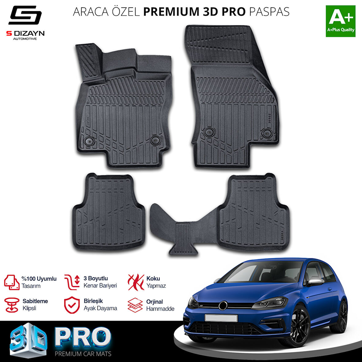 S-Dizayn VW Golf 7 3D Pro Havuzlu Paspas 2012-2020 A+ Kalite