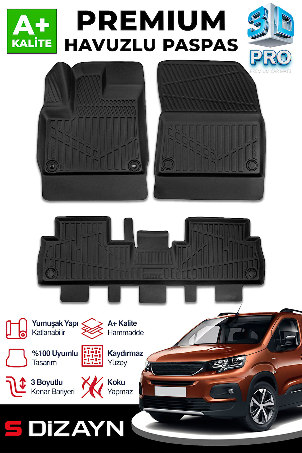 S-Dizayn Peugeot Rifter 3D Pro Havuzlu Paspas 2019 Üzeri A+ Kalite