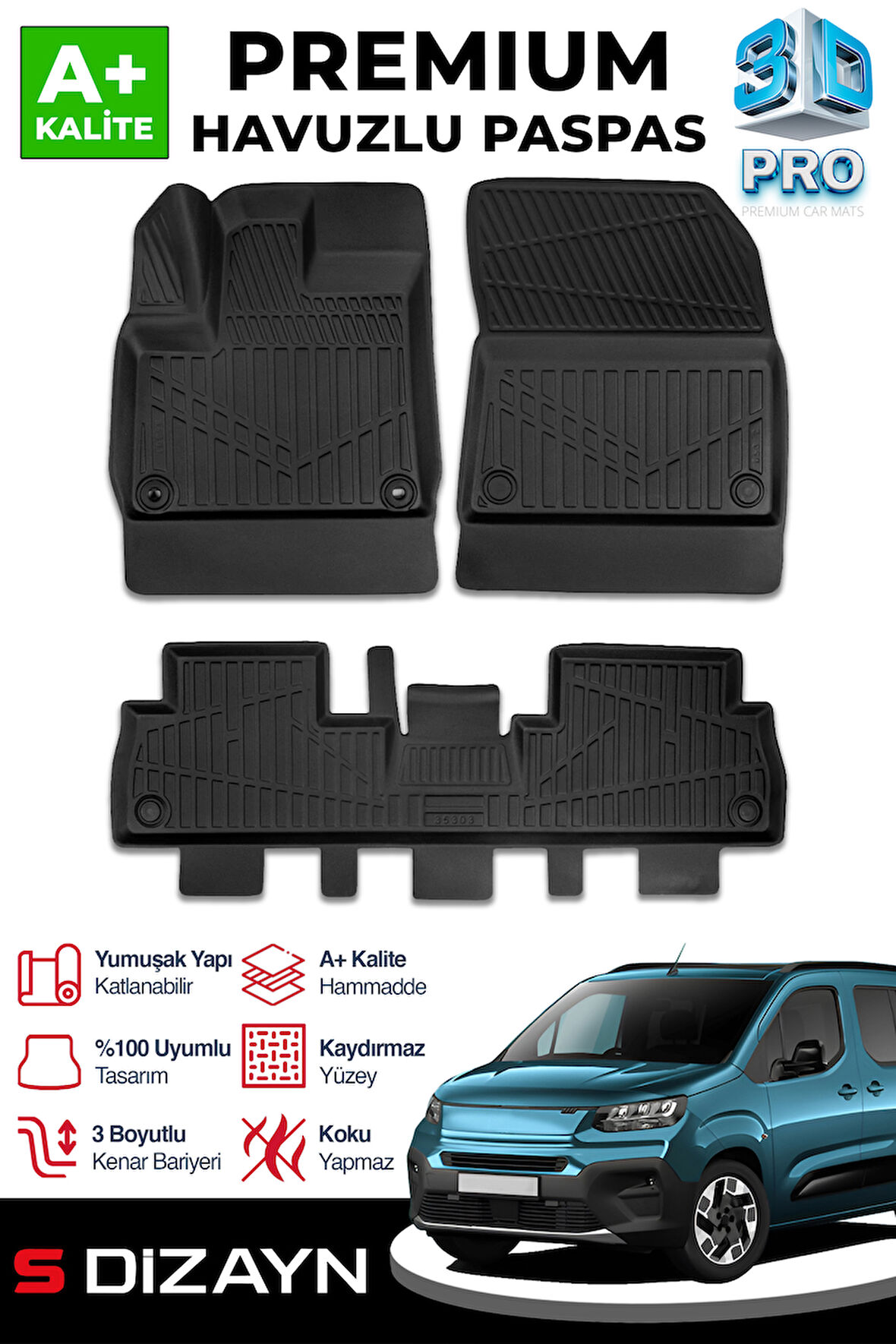 S-Dizayn Fiat Doblo 3D Pro Havuzlu Paspas 2023 Üzeri A+ Kalite
