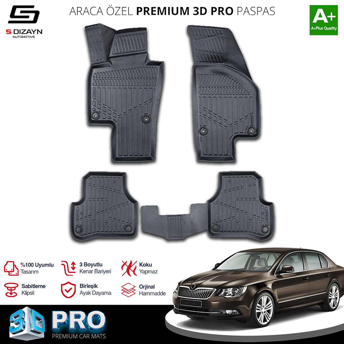 S-Dizayn Skoda SuperB 2 3D Pro Havuzlu Paspas 2008-2014 A+ Kalite