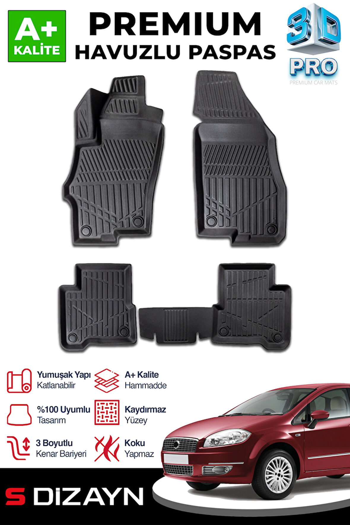 S-Dizayn Fiat Linea 3D Pro Havuzlu Paspas 2007-2018 A+ Kalite