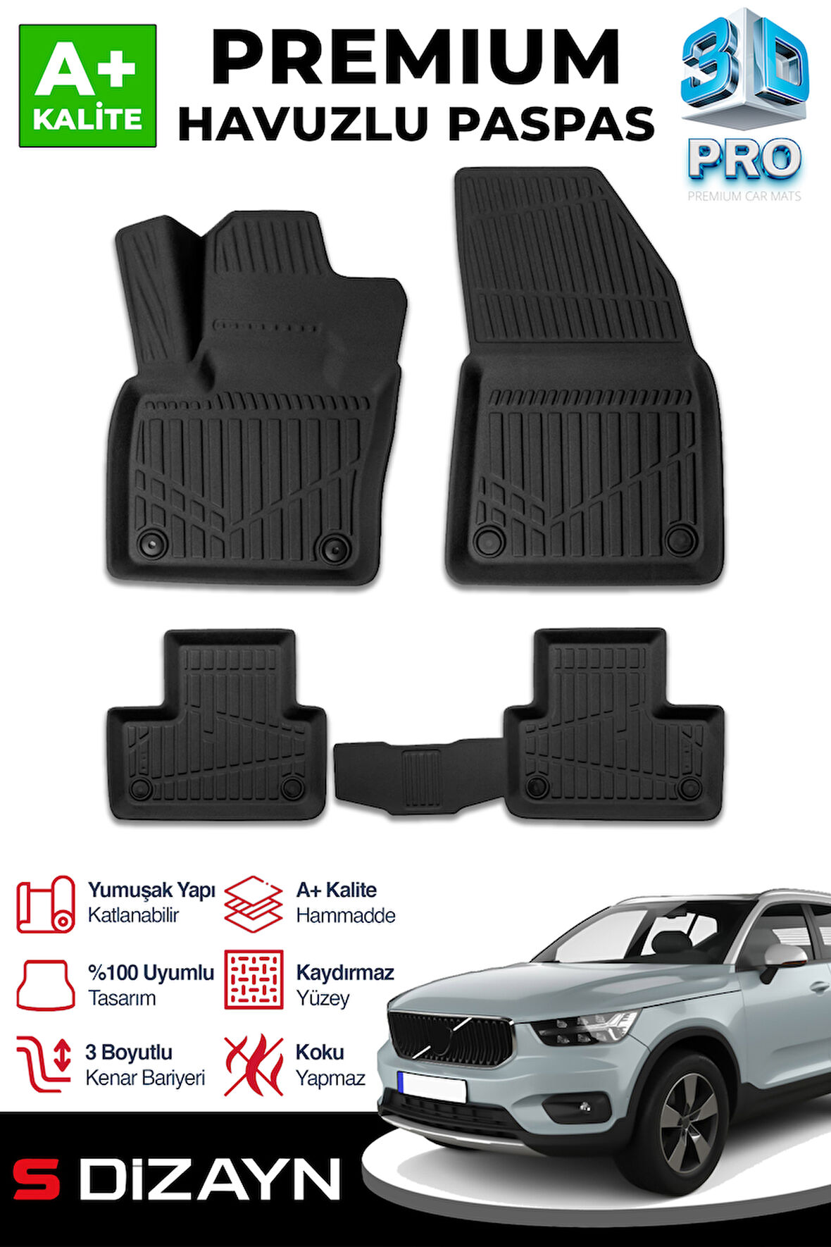 S-Dizayn Volvo XC40 3D Pro Havuzlu Paspas 2018 Üzeri A+ Kalite