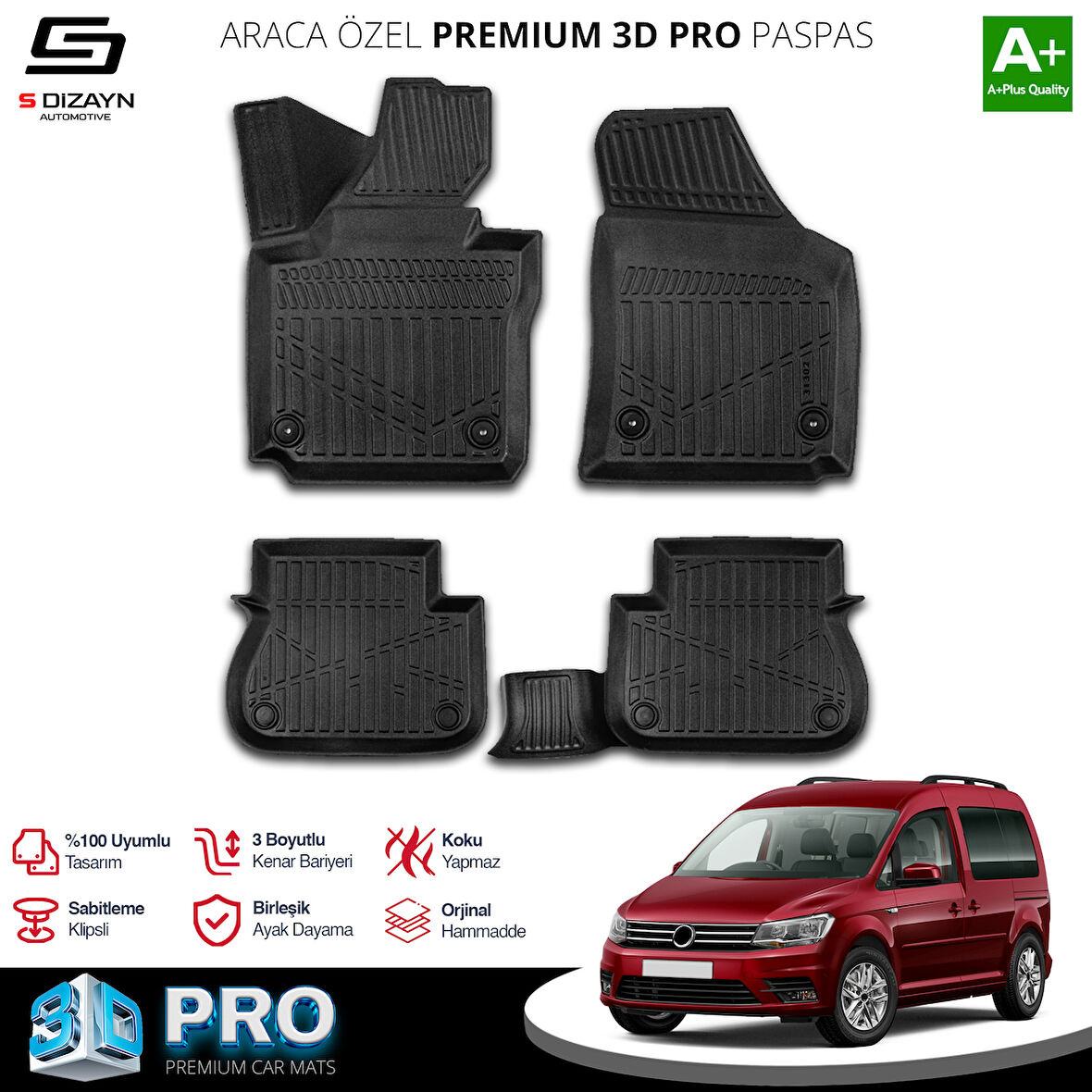 S-Dizayn VW Caddy 3D Pro Havuzlu Paspas 2004-2010 A+ Kalite