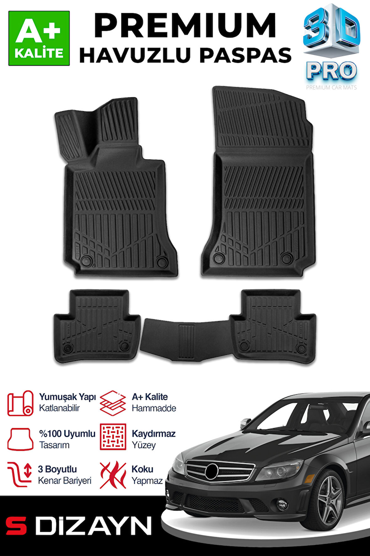 S-Dizayn Mercedes C Serisi W204 3D Pro Havuzlu Paspas 2007-2014 A+ Kalite