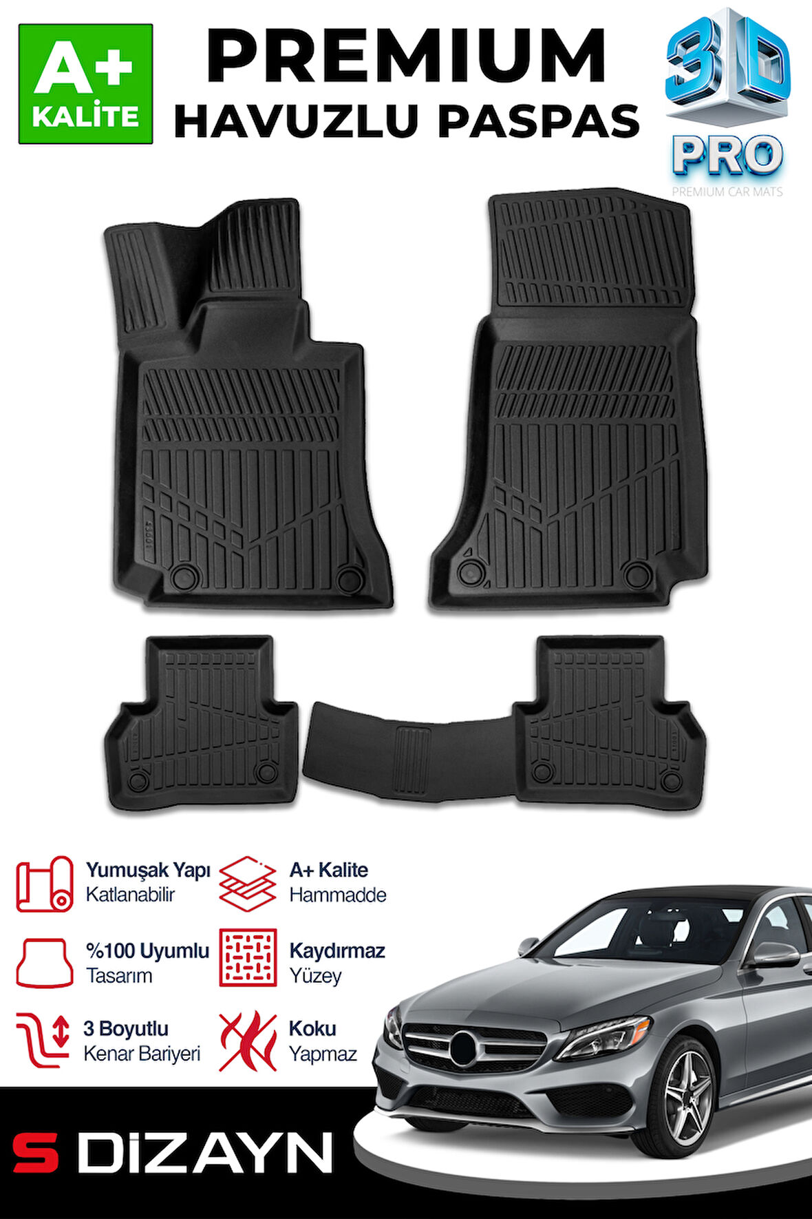 S-Dizayn Mercedes C Serisi W205 3D Pro Havuzlu Paspas 2014-2020 A+ Kalite