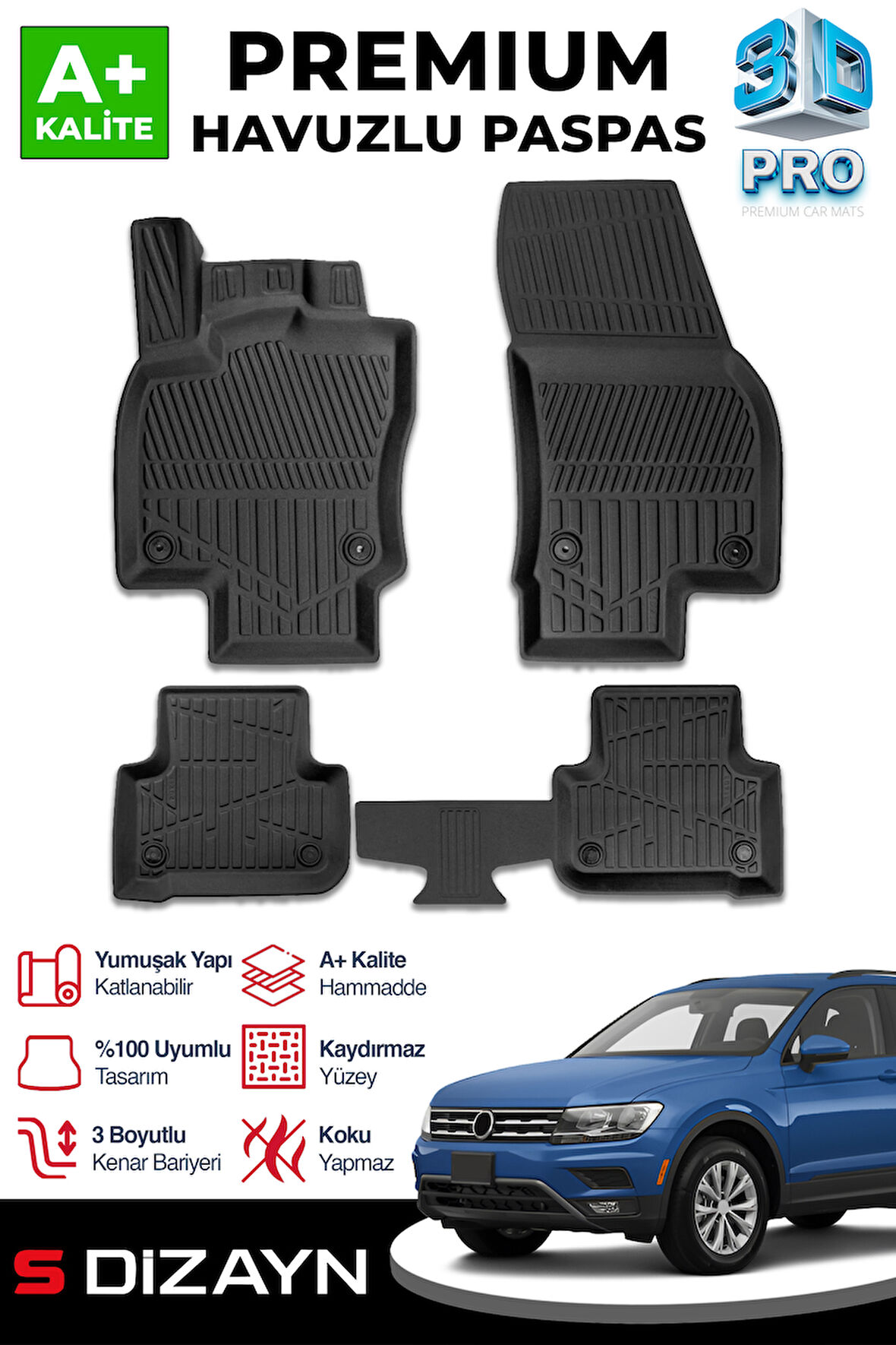 S-Dizayn VW Tiguan 3D Pro Havuzlu Paspas 2016-2023 A+ Kalite