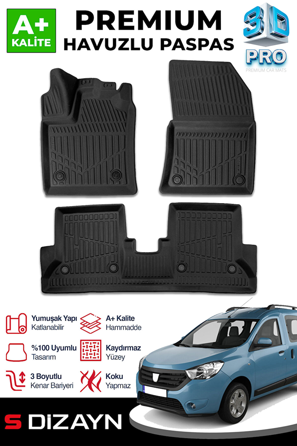 S-Dizayn Dacia Dokker 3D Pro Havuzlu Paspas 2012 Üzeri A+ Kalite