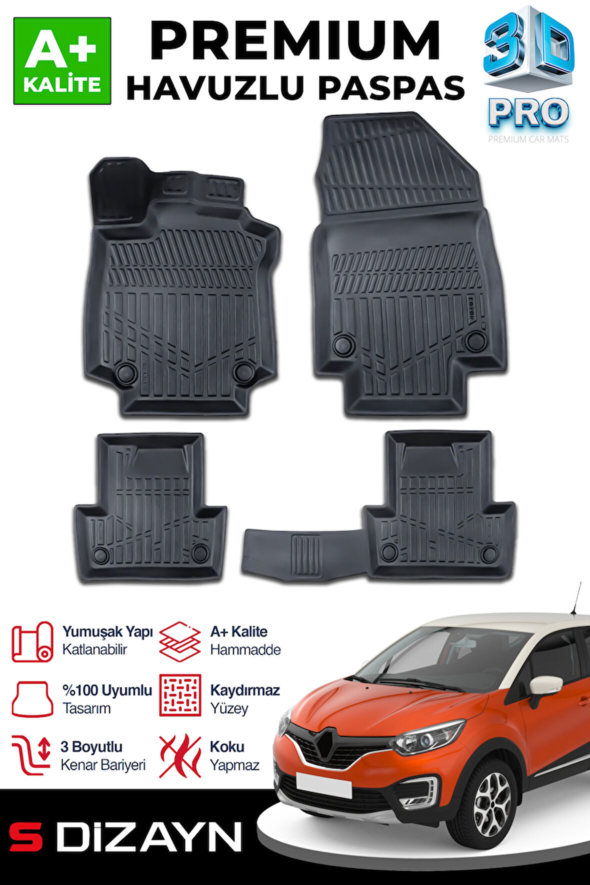 S-Dizayn Renault Captur 3D Pro Havuzlu Paspas 2013-2019 A+ Kalite