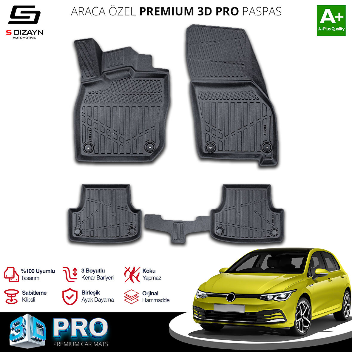S-Dizayn VW Golf 8 Manuel 3D Pro Havuzlu Paspas 2020-2024 A+ Kalite