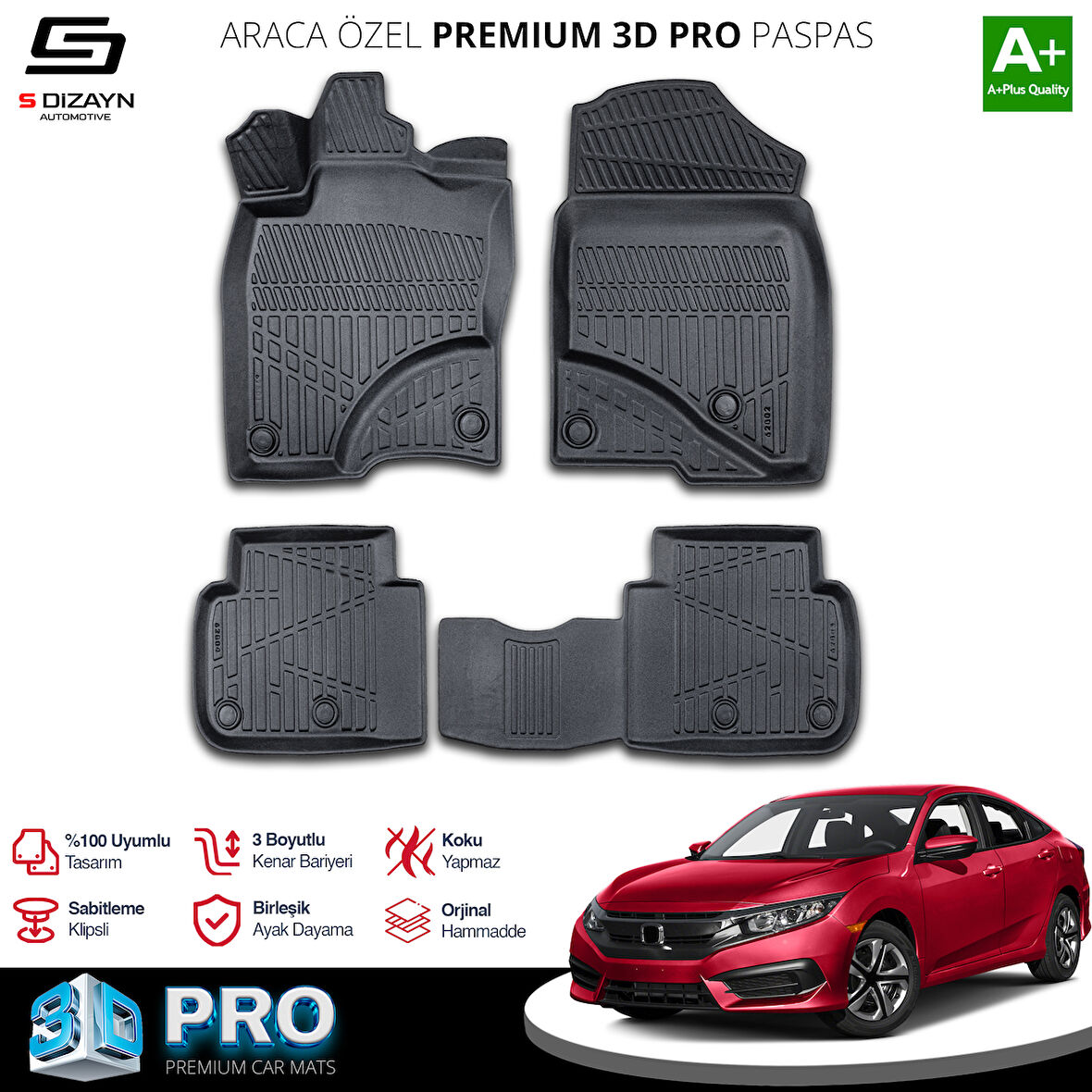 S-Dizayn Honda Civic 3D Pro Havuzlu Paspas 2016-2021 A+ Kalite